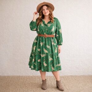 Green Leopard Print Long Sleeve Dress